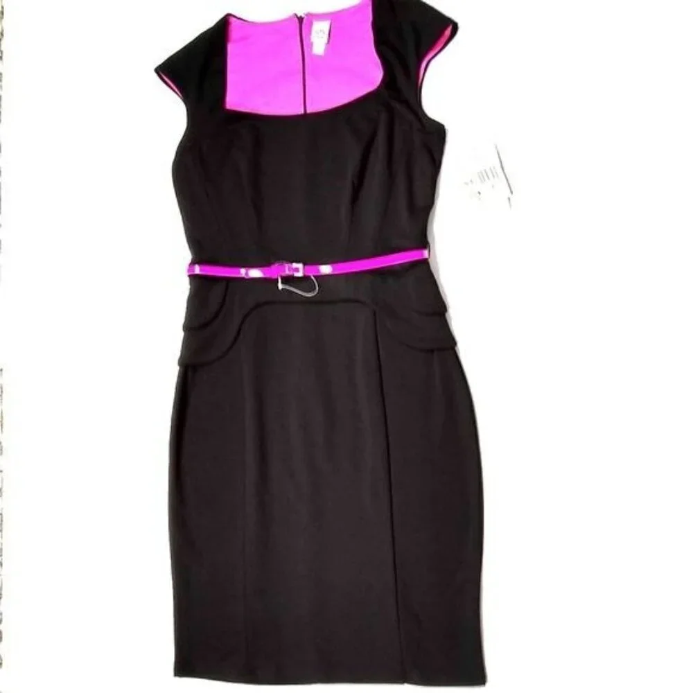 Sangria Peplum Black Pink Belted Cap Sleeve Sexy Dress Size 4 Corporate Femme